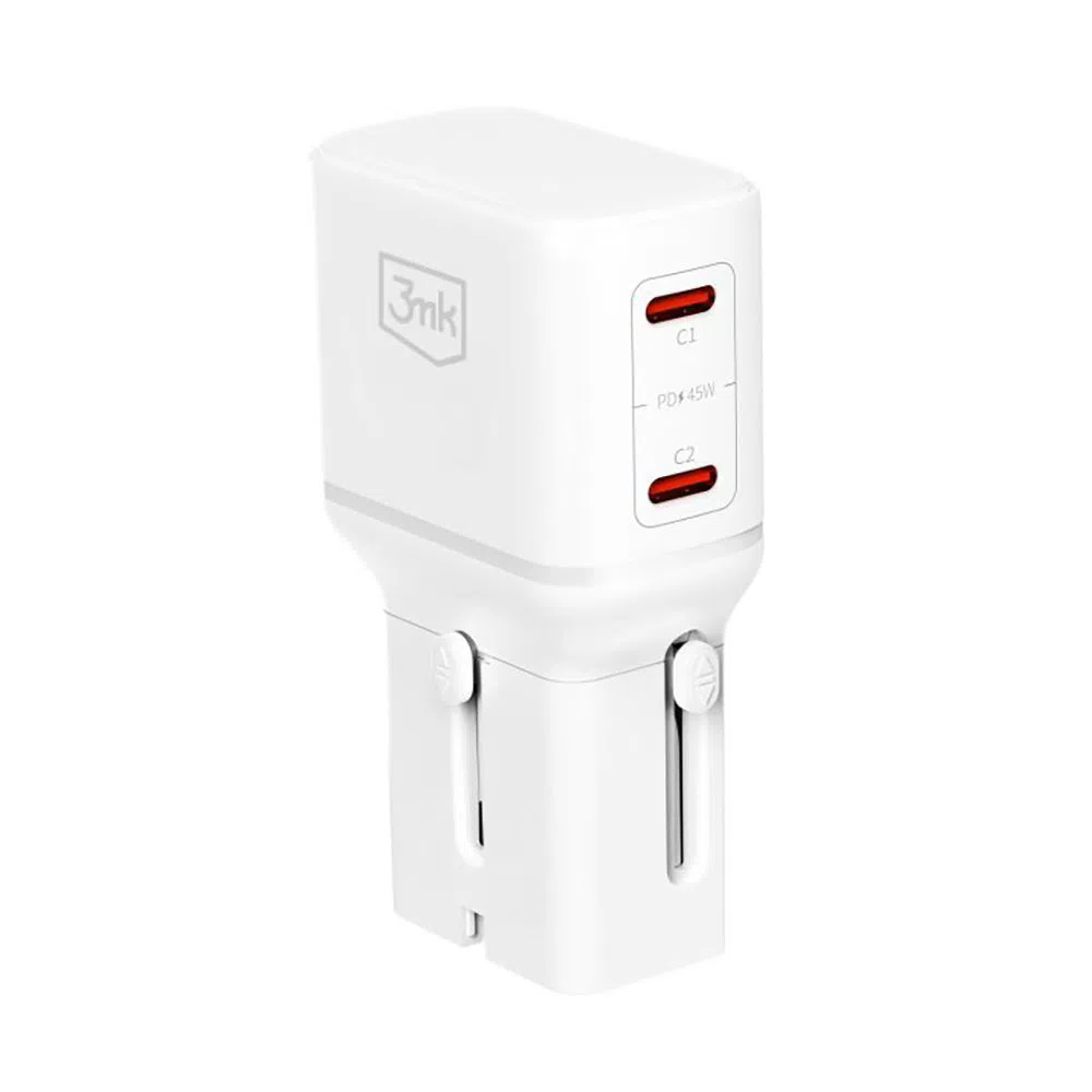 Caricatore da rete 3MK Globe Travel, 45W, 3A, 2 x USB-C, Bianco — 1