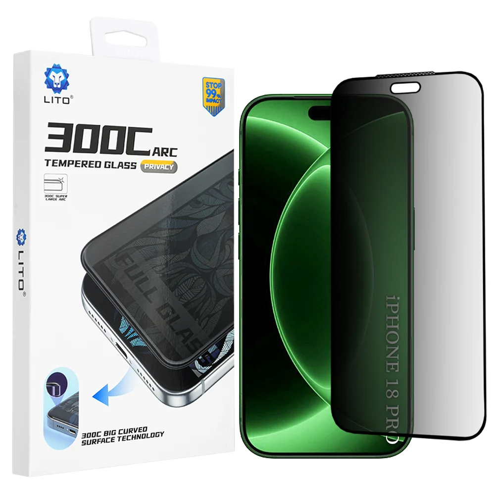 Pellicola protettiva per schermo Privacy Lito D+ Max 300C per Apple iPhone 18 Pro, Vetro temperato, Full Glue — 1