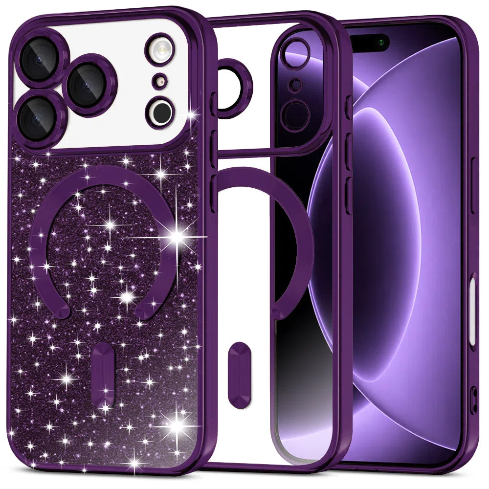 Custodia MagSafe per Apple iPhone 18 Pro / 17 Pro, Techsuit, Luxury Glitter, Viola Scuro — 1