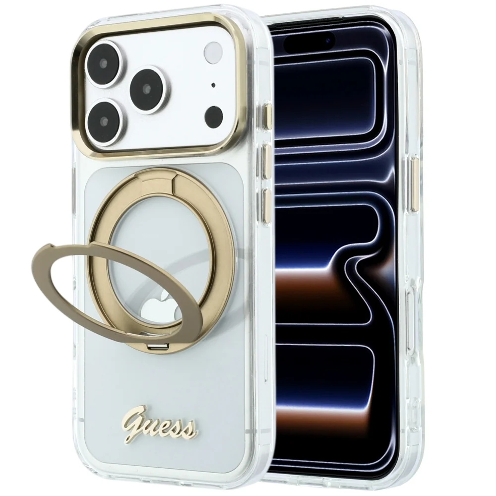 Custodia MagSafe per Apple iPhone 18 Pro Max / 17 Pro Max, Guess, Ring Stand Script Metal Logo, Trasparente — 1