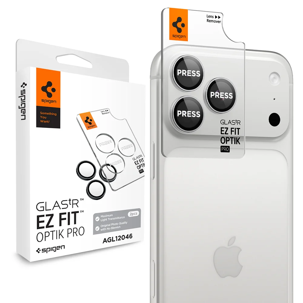 Pellicola protettiva per fotocamera posteriore Spigen GlastR EZ FIT Optik Pro per Apple iPhone 18 Pro / 18 Pro Max, vetro temperato, set da 2 pezzi, argento AGL12046 — 1