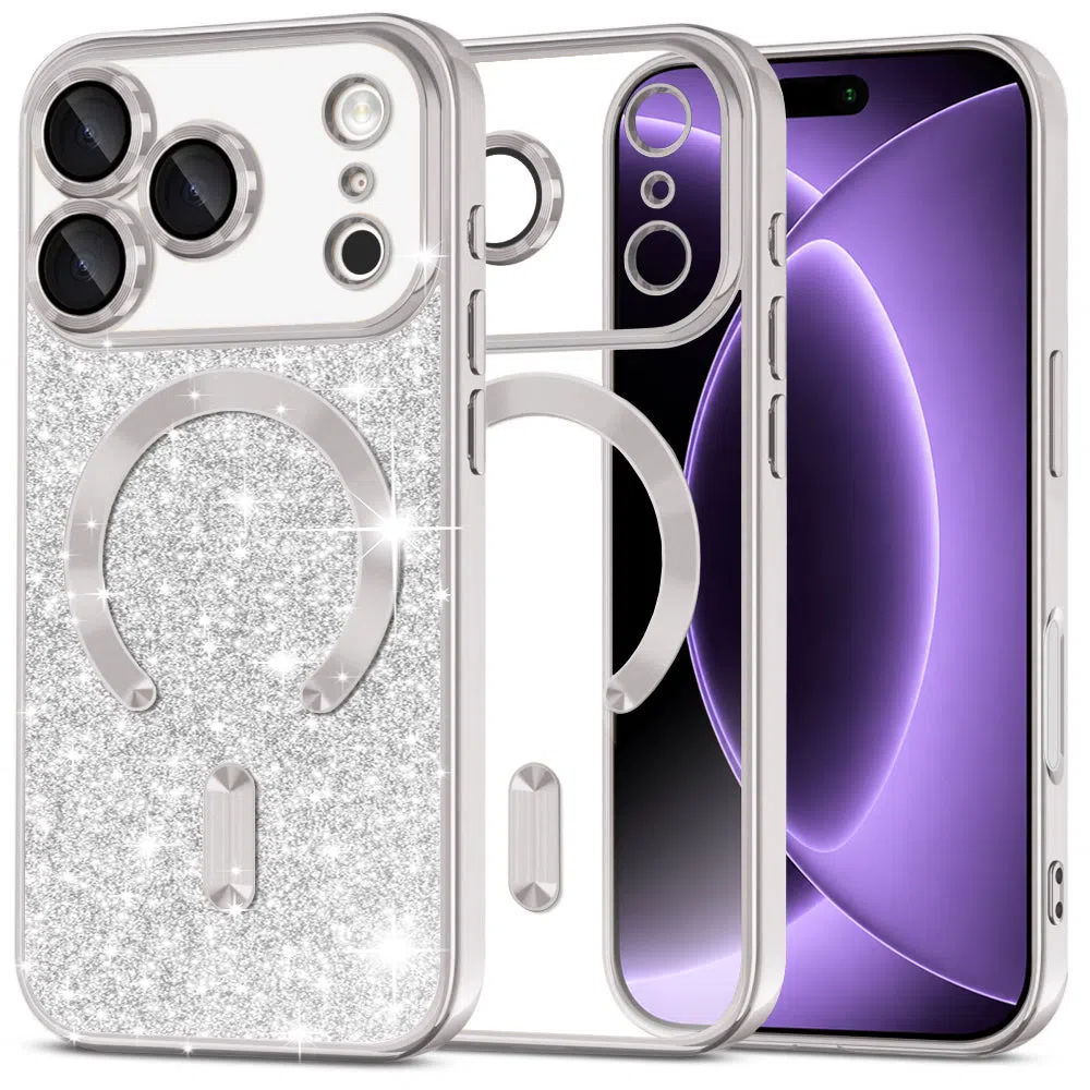 Custodia MagSafe per Apple iPhone 18 Pro / 17 Pro, Techsuit, Luxury Glitter, Argento — 1