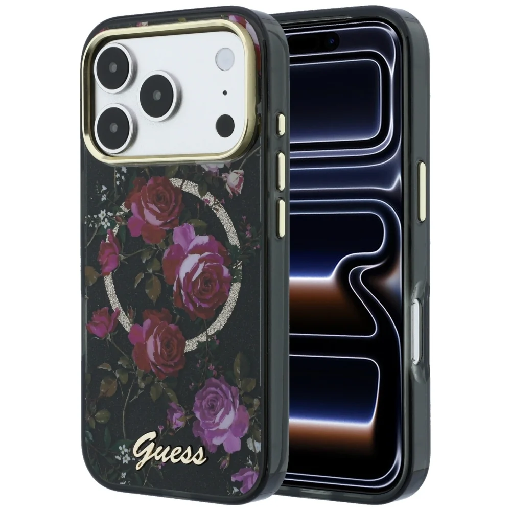 Custodia MagSafe per Apple iPhone 18 Pro / 17 Pro, Guess, IML Glitter Blossom Roses, Nera — 1