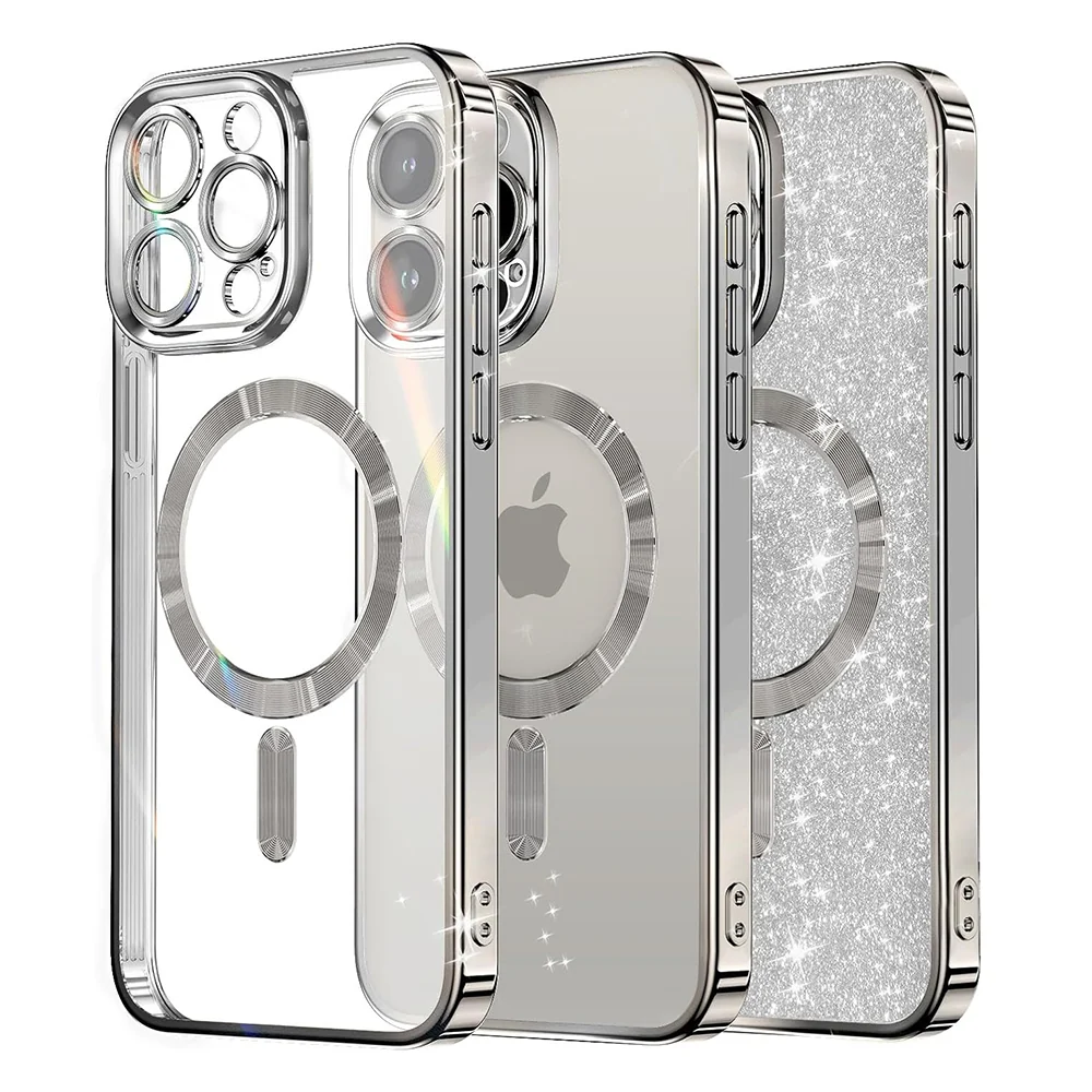Custodia MagSafe per Apple iPhone 16 Pro, Techsuit, Luxury Glitter, Argento — 1