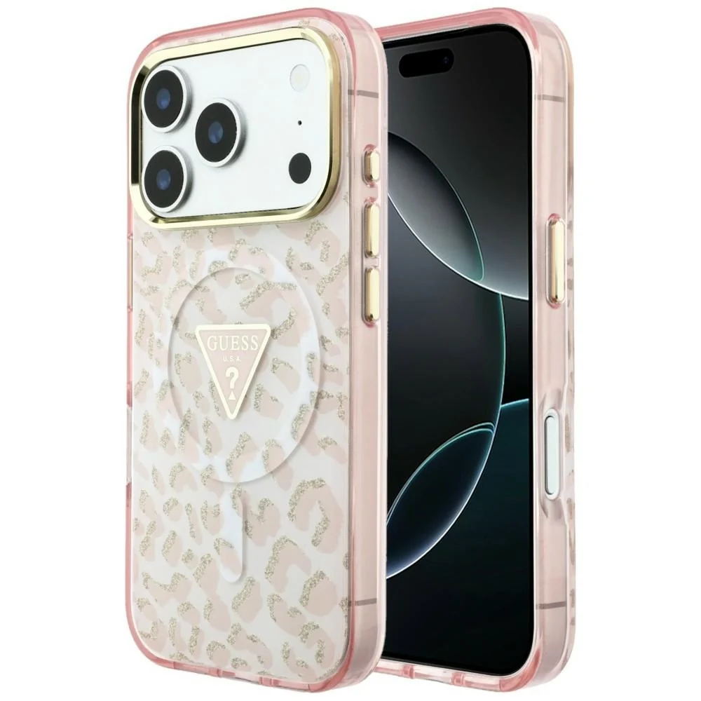 Custodia MagSafe per Apple iPhone 18 Pro / 17 Pro, Guess, Logo Triangolo Glitter Leopardo, Rosa — 1