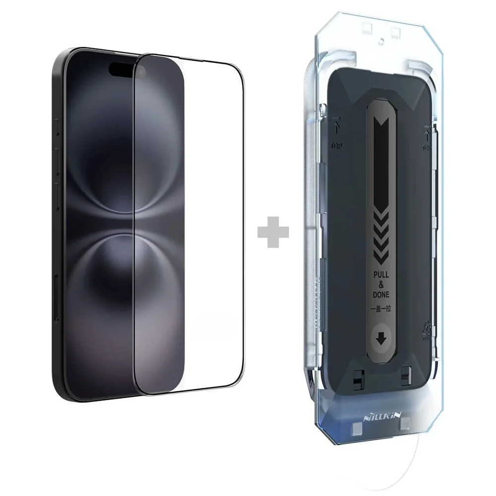 Pellicola protettiva per schermo Nillkin CP+ Pro con applicatore per Apple iPhone 16, vetro temperato, adesivo completo, nero — 1