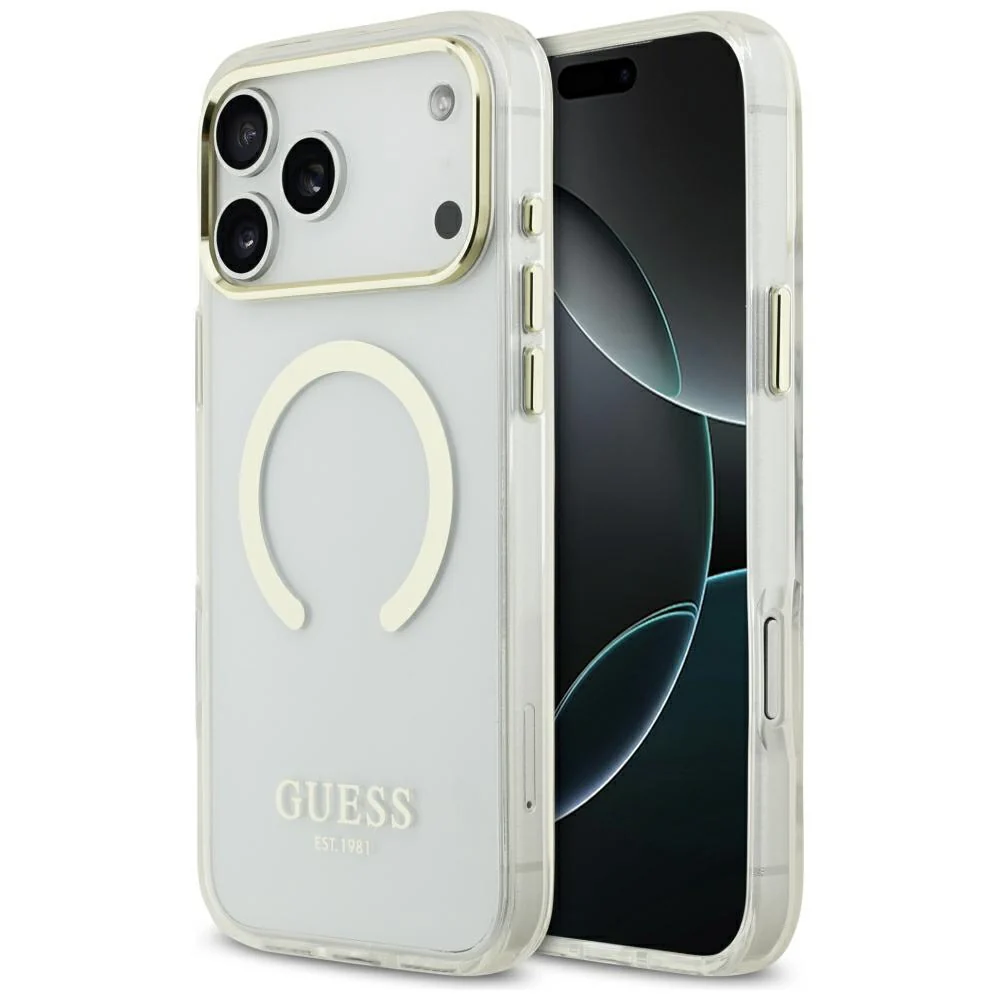 Custodia MagSafe per Apple iPhone 18 Pro Max, Guess, Contorno Metallico, Dorata — 1