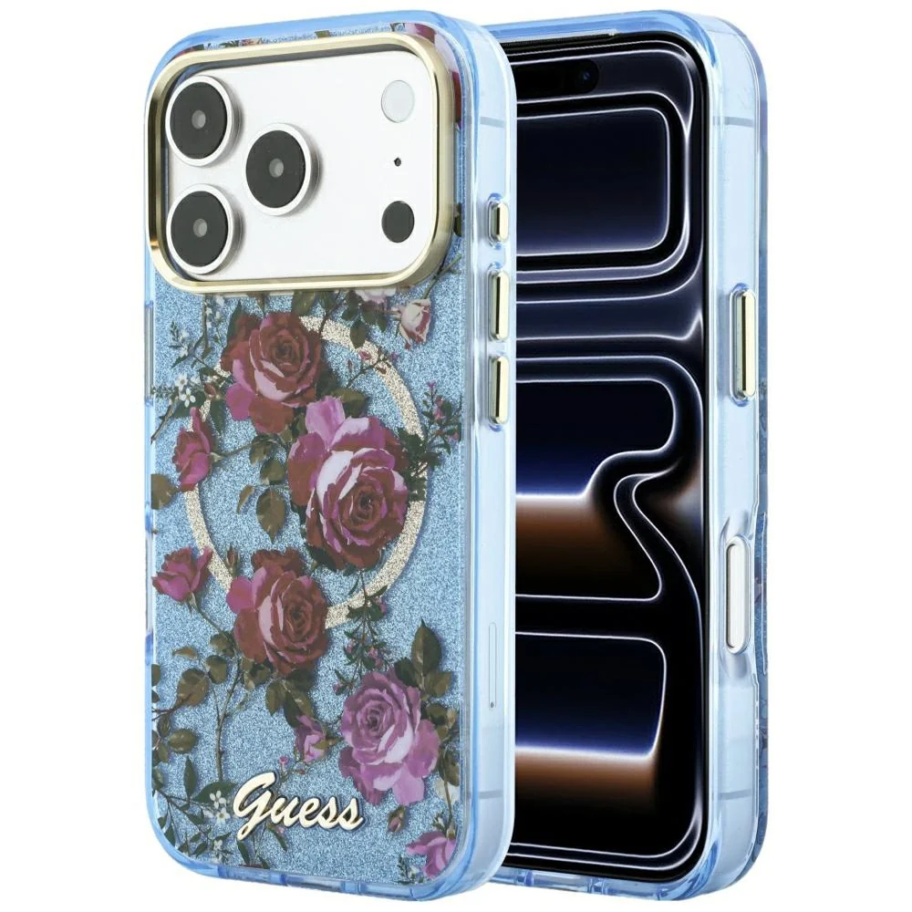 Custodia MagSafe per Apple iPhone 18 Pro / 17 Pro, Guess, IML Glitter Blossom Roses, Blu — 1