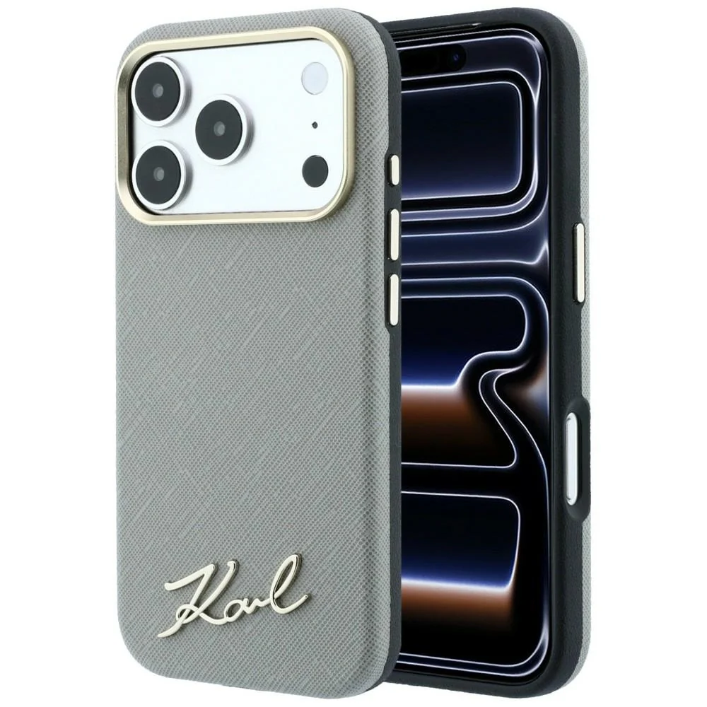 Custodia MagSafe per Apple iPhone 18 Pro Max / 17 Pro Max, Karl Lagerfeld, Saffiano Small Script Metal Logo, Beige — 1