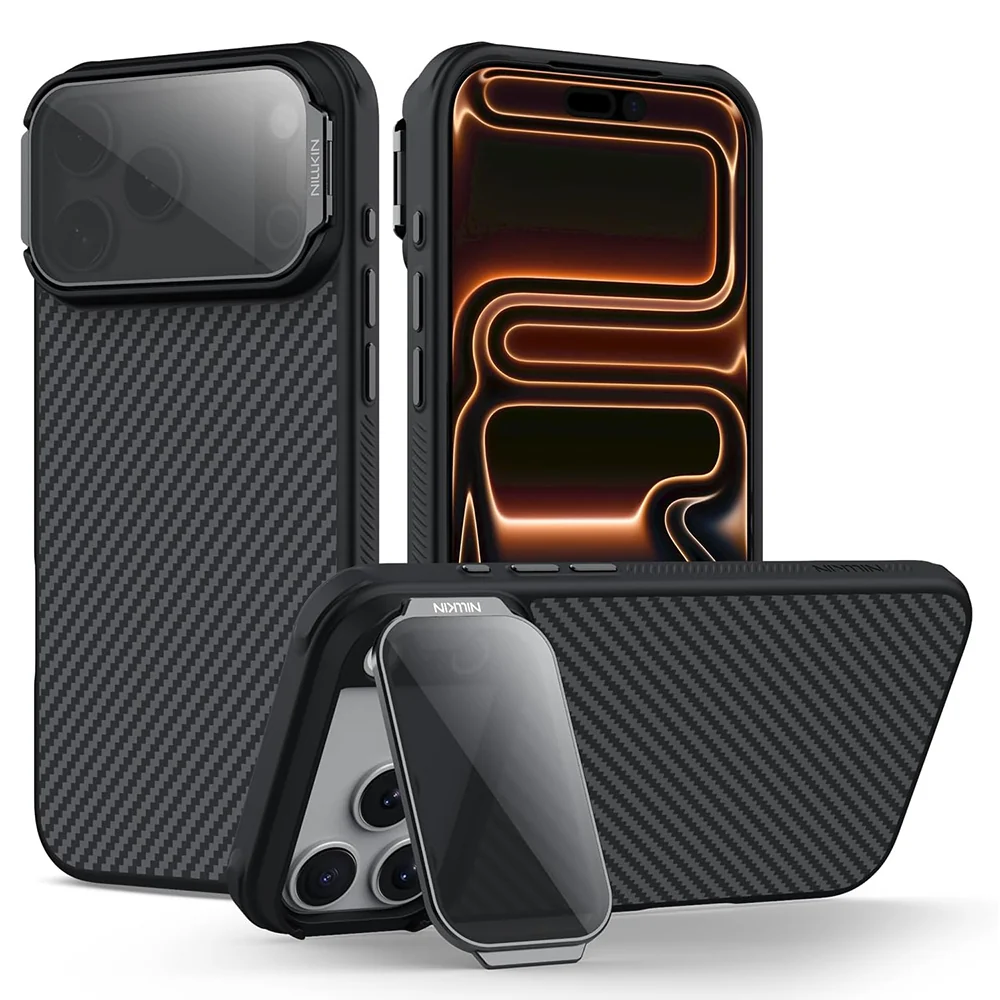 Custodia MagSafe per Apple iPhone 18 Pro / 17 Pro, Nillkin, CarboProp con copertura obiettivo nera trasparente, Nera — 1