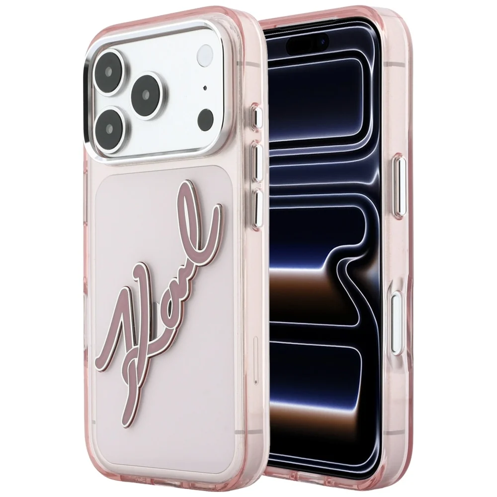 Custodia per Apple iPhone 18 Pro / 17 Pro, Karl Lagerfeld, IML Big Signature Resin Logo e Cornice in Metallo, Rosa — 1