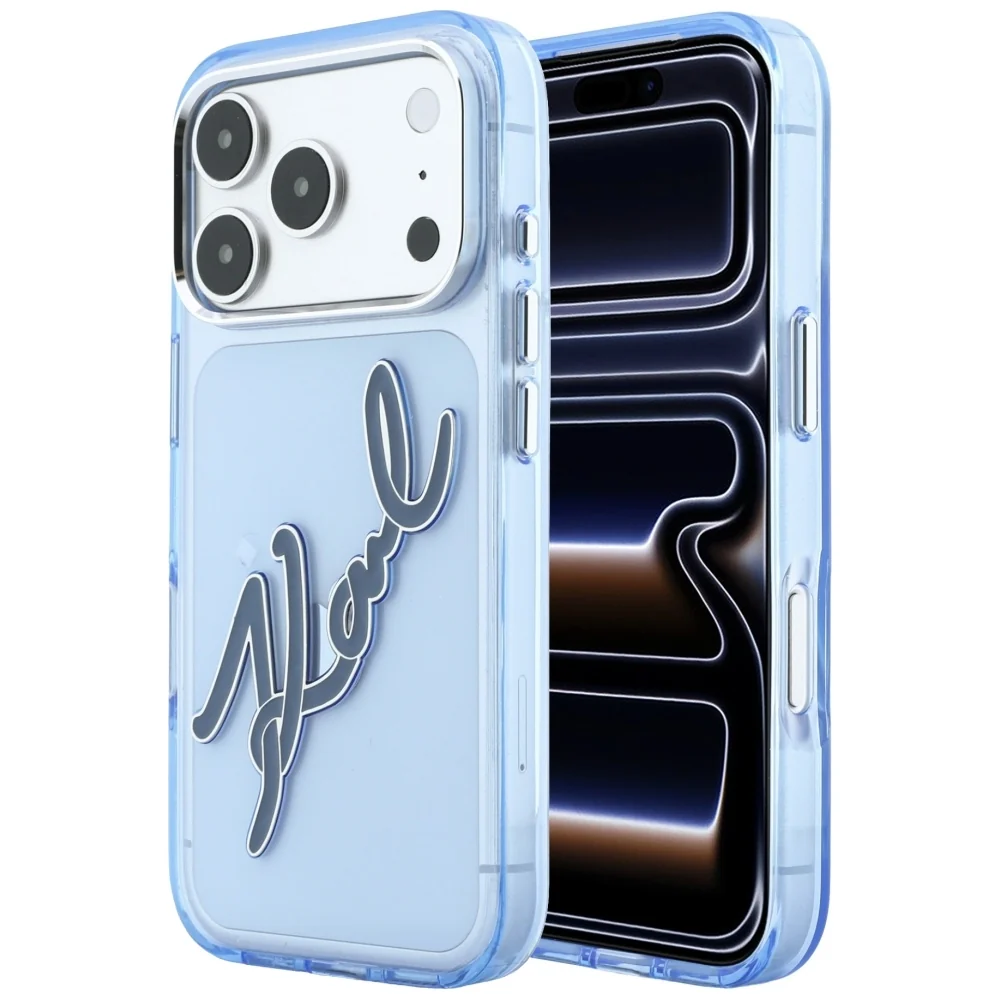 Custodia per Apple iPhone 18 Pro / 17 Pro, Karl Lagerfeld, IML Big Signature Resin Logo e Cornice in Metallo, Blu — 1