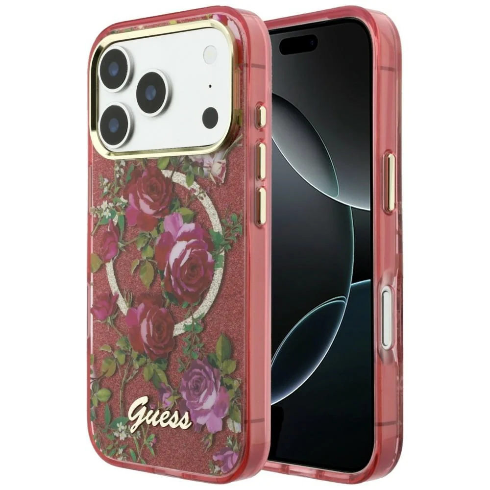 Custodia MagSafe per Apple iPhone 18 Pro Max / 17 Pro Max, Guess, IML Glitter Blossom Roses, Vinaccia — 1