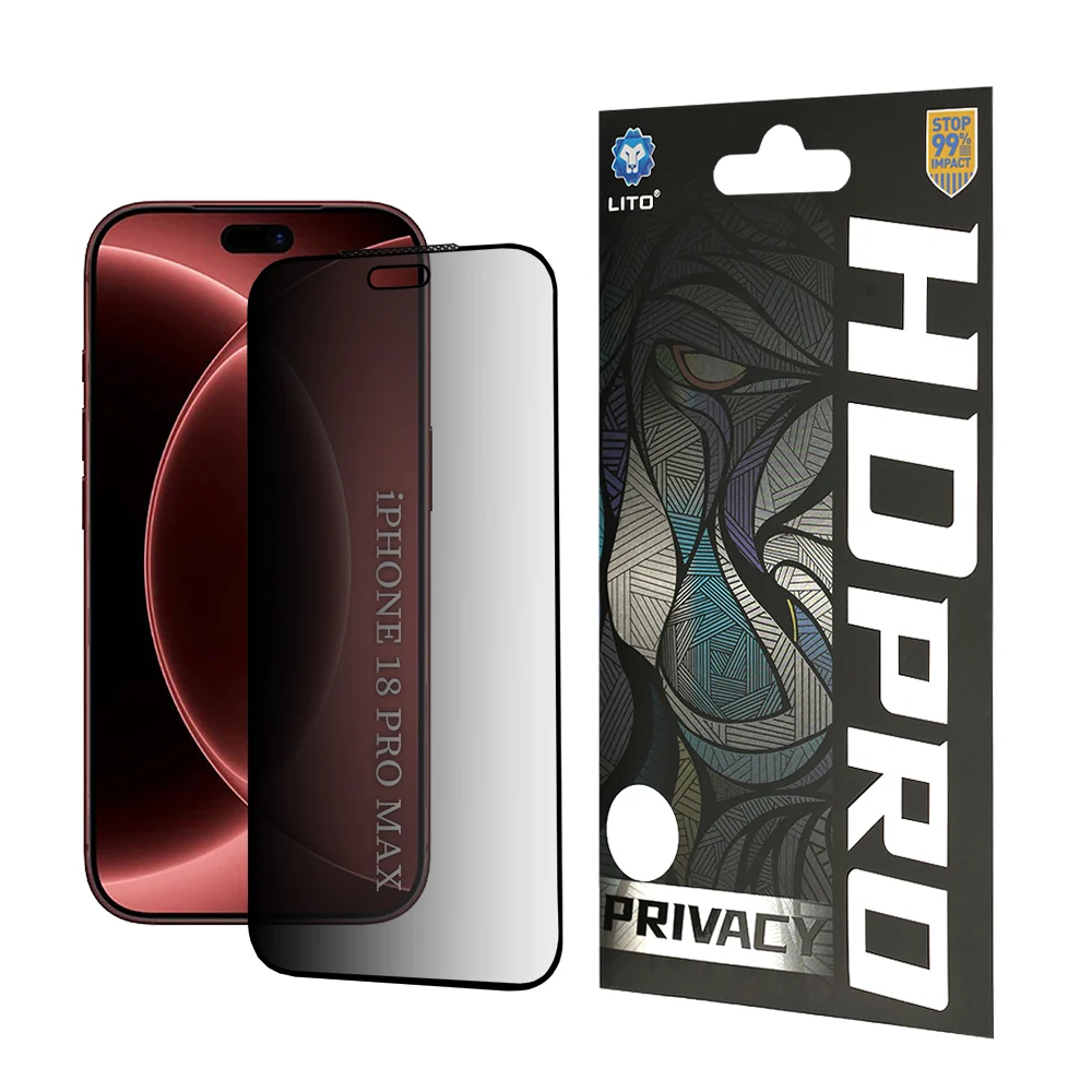 Pellicola protettiva per schermo Privacy Lito HD Pro per Apple iPhone 18 Pro Max, Vetro temperato, Full Glue — 1