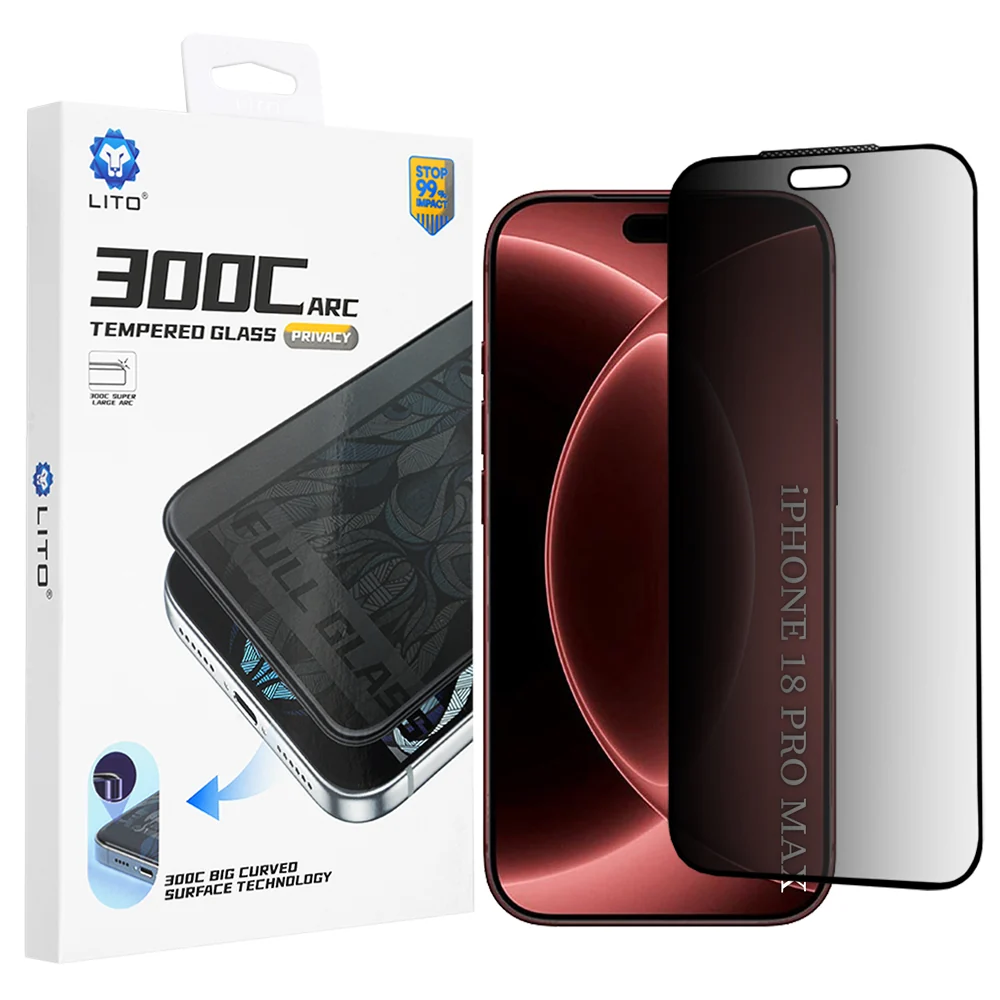 Pellicola protettiva per schermo Privacy Lito D+ Max 300C per Apple iPhone 18 Pro Max, Vetro temperato, Full Glue — 1