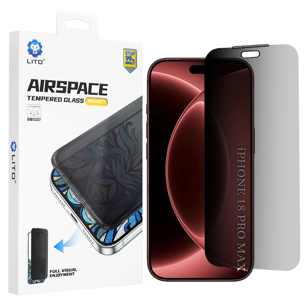 Pellicola protettiva per schermo Privacy Lito Airspace Border per Apple iPhone 18 Pro Max, Vetro temperato, Full Glue — 1