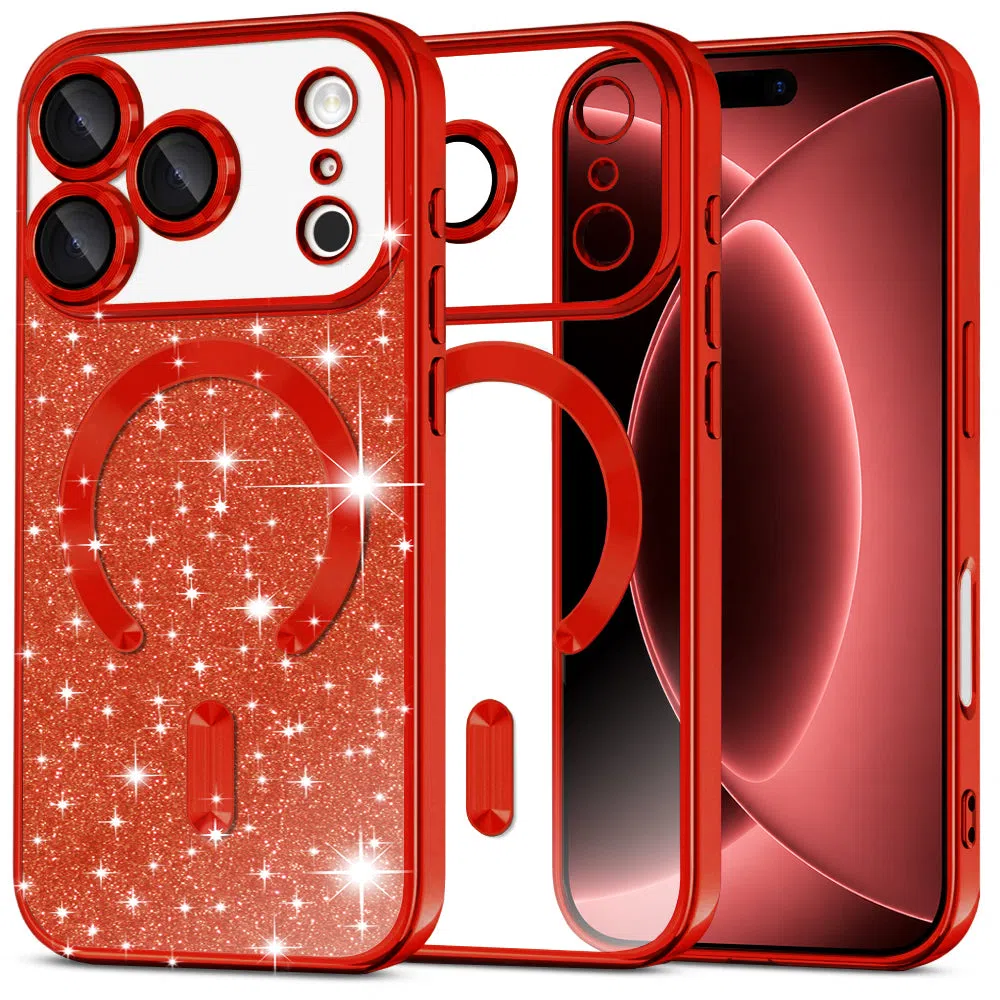 Custodia MagSafe per Apple iPhone 18 Pro Max / 17 Pro Max, Techsuit, Luxury Glitter, Rossa — 1