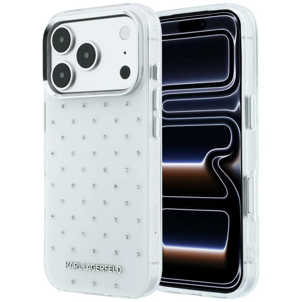 Custodia per Apple iPhone 18 Pro Max / 17 Pro Max, Karl Lagerfeld, IML Strass e Logo Elettrodeposto, Bianca — 1