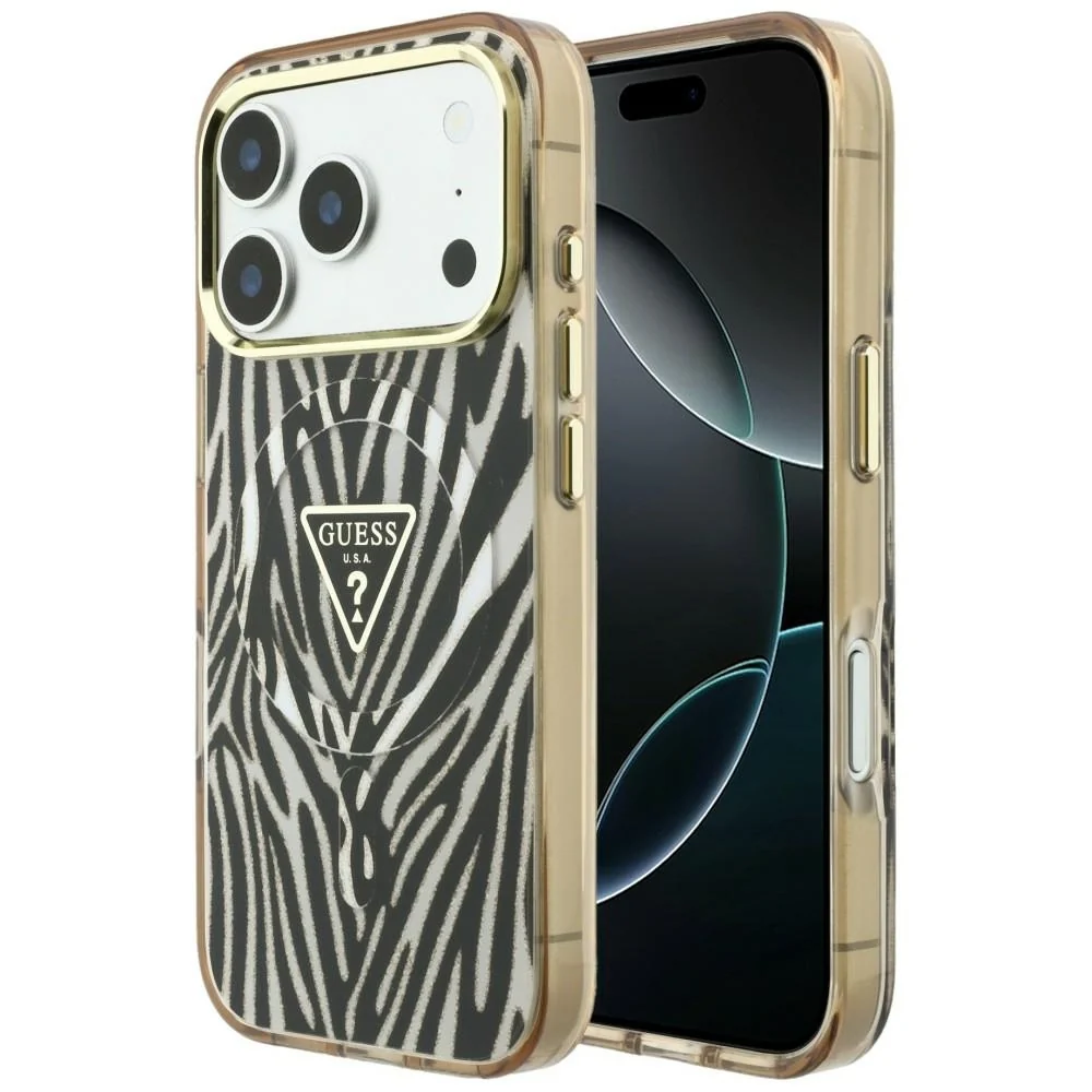 Custodia MagSafe per Apple iPhone 18 Pro Max / 17 Pro Max, Guess, Logo Triangolo Glitter Zebra, Dorata — 1