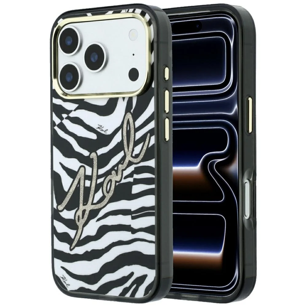 Custodia MagSafe per Apple iPhone 18 Pro / 17 Pro, Karl Lagerfeld, HC IML Signature Zebra Glitter Gold, Nera — 1