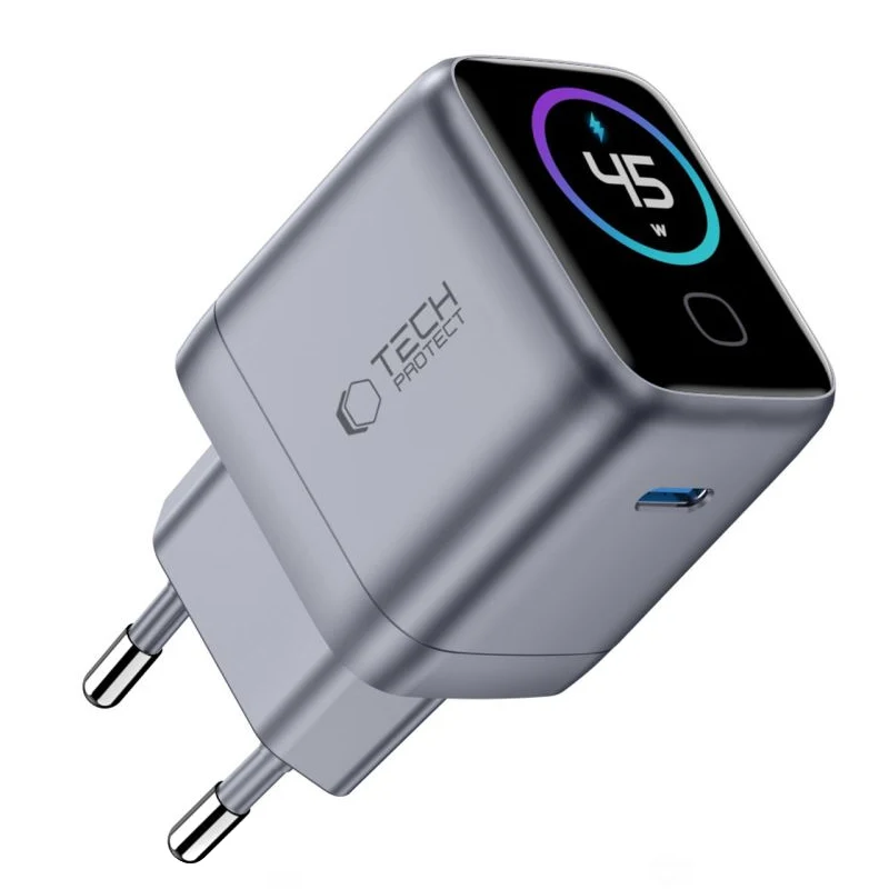 Caricatore da rete Tech-Protect NC45W Display, 45W, 3A, 1 x USB-C, Grigio — 1