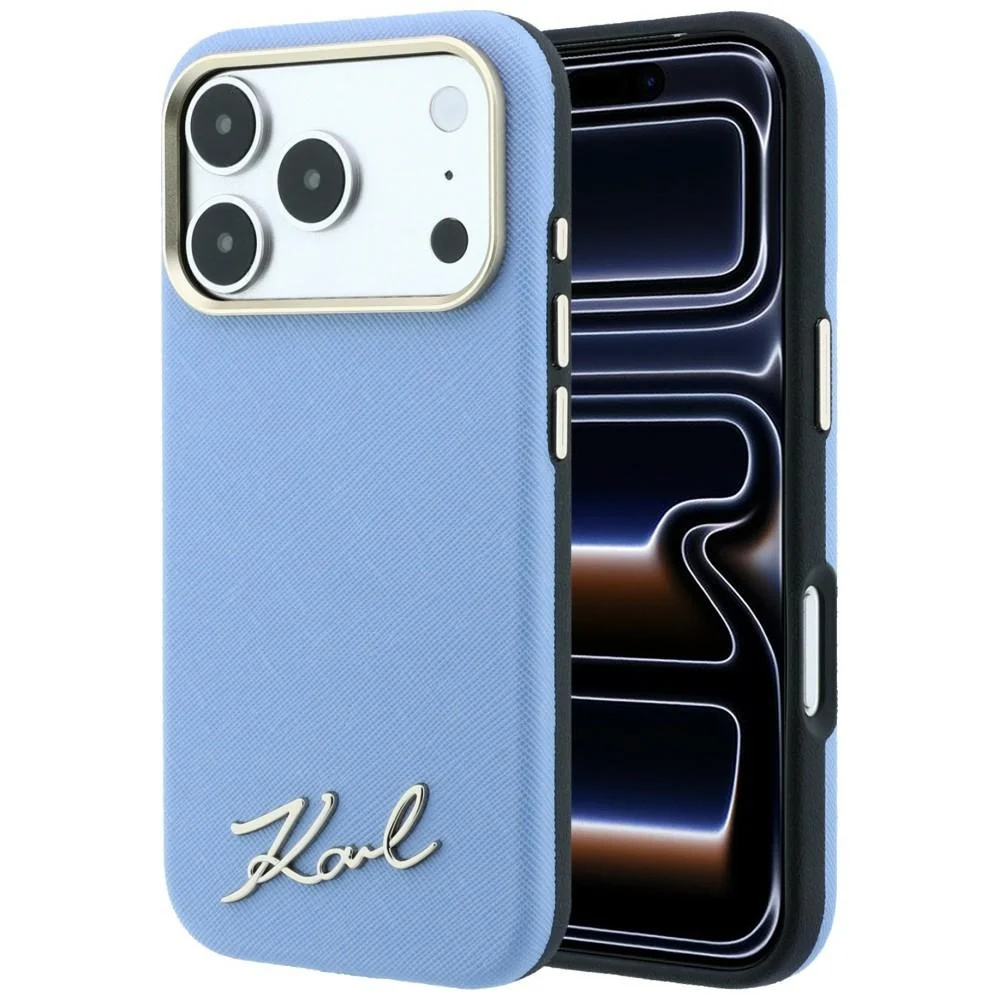 Custodia MagSafe per Apple iPhone 18 Pro / 17 Pro, Karl Lagerfeld, Saffiano Small Script Metal Logo, Blu — 1