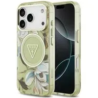 Custodia MagSafe per Apple iPhone 18 Pro / 17 Pro, Guess, IML Metal Glitter Flowers Triangle, Verde