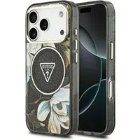 Custodia MagSafe per Apple iPhone 18 Pro, Guess, IML Metal Glitter Flowers Triangle, Nera