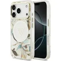 Custodia MagSafe per Apple iPhone 18 Pro / 17 Pro, Guess, IML Metal Glitter Flowers Triangle, Bianca