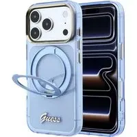 Custodia MagSafe per Apple iPhone 18 Pro Max / 17 Pro Max, Guess, Ring Stand Script Metal Logo, Blu