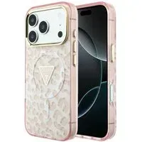 Custodia MagSafe per Apple iPhone 18 Pro Max / 17 Pro Max, Guess, Logo Triangolo Glitter Leopardo, Rosa