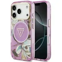 Custodia MagSafe per Apple iPhone 18 Pro / 17 Pro, Guess, IML Metal Glitter Flowers Triangle, Viola