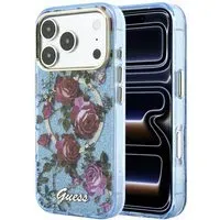 Custodia MagSafe per Apple iPhone 18 Pro Max / 17 Pro Max, Guess, IML Glitter Blossom Roses, Blu