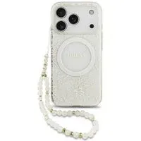 Custodia MagSafe per Apple iPhone 18 Pro Max / 17 Pro Max, Guess, IML Flowers Placcata Elettroliticamente con Cinturino Perla, Bianca