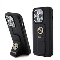 Custodia per Apple iPhone 15 Pro Max, Guess, Grip Stand 4G Saffiano Strass, Nera — 3