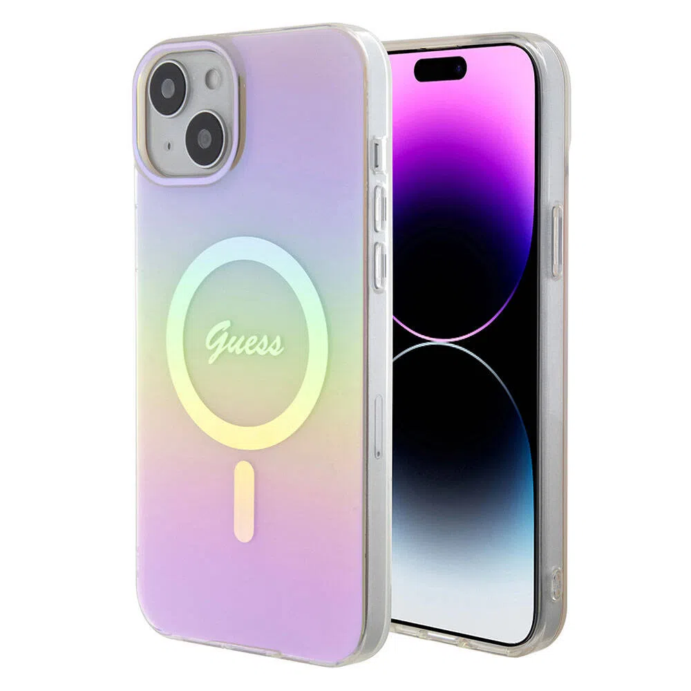 Custodia MagSafe per Apple iPhone 15, Guess, IML Iridescent Script, Rosa — 2
