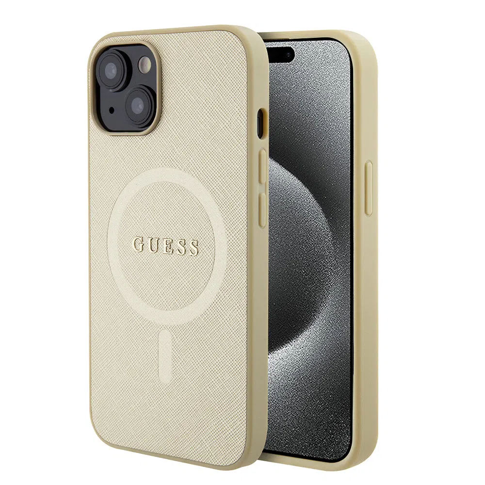 Custodia MagSafe per Apple iPhone 15 Plus, Guess, Saffiano, Dorata — 2