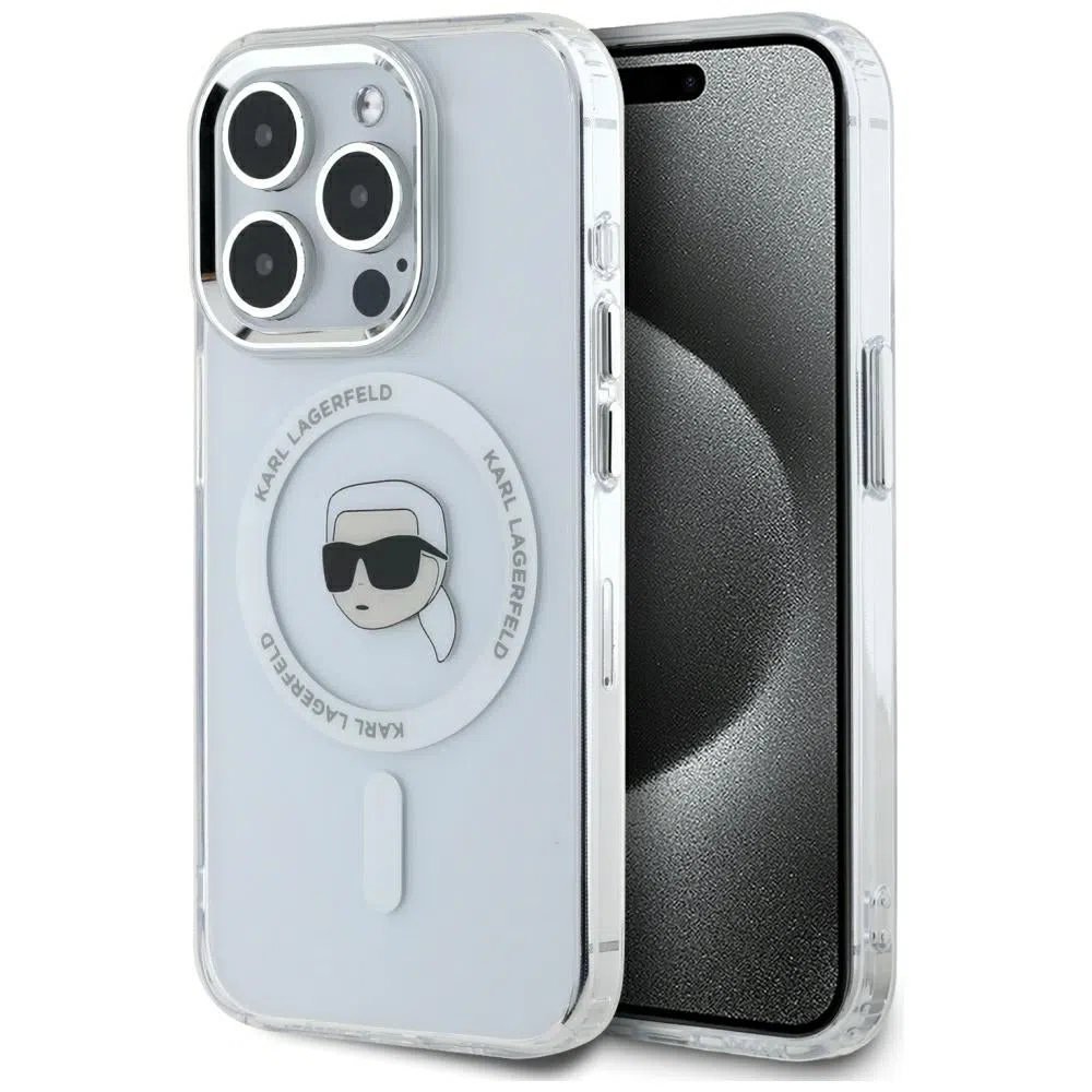 Custodia MagSafe per Apple iPhone 15 Pro Max, Karl Lagerfeld, IML Metal Karl's Head, Bianca — 2