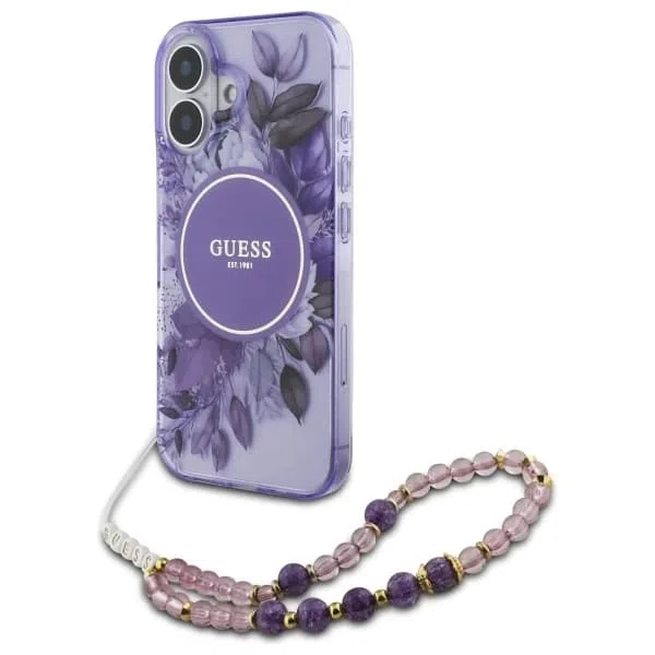 Custodia MagSafe per Apple iPhone 16 Plus, Guess, IML Flowers with Pearl Strap, Viola — 2