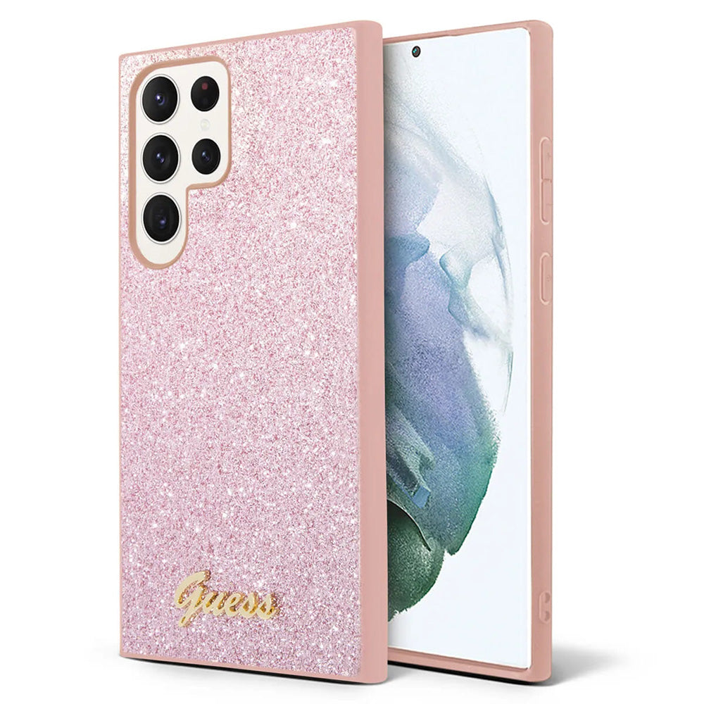 Guess Custodia per Samsung Galaxy S24 Ultra S928, Guess, Glitter Script, Rosa