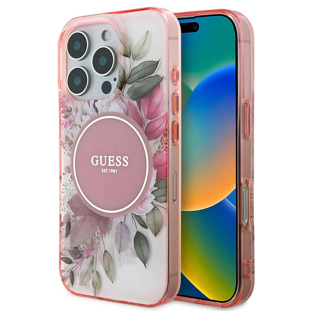 Custodia MagSafe per Apple iPhone 16 Pro Max, Guess, IML Flower & Tonal Circle, Rosa — 2