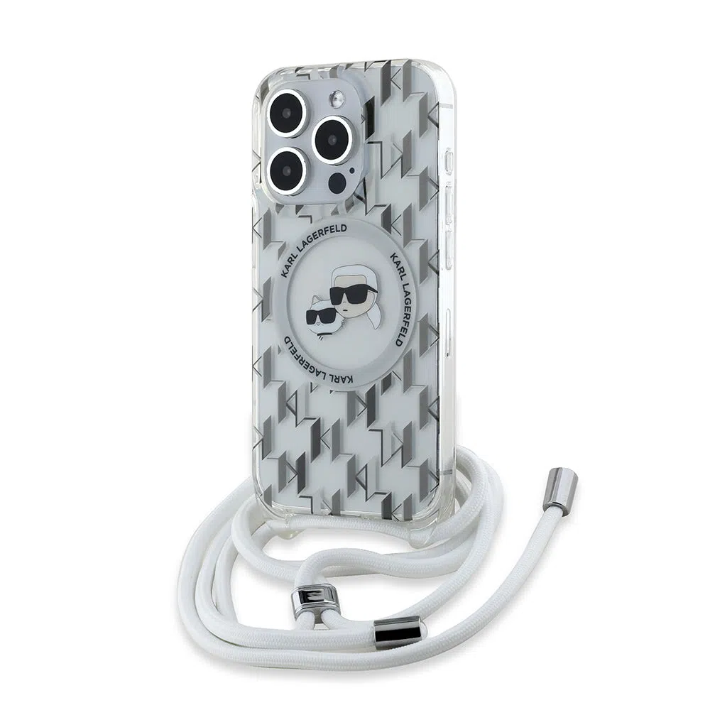 Custodia MagSafe per Apple iPhone 15 Pro Max, Karl Lagerfeld, IML Crossbody Monogram Karl & Choupette's Heads, Trasparente — 2