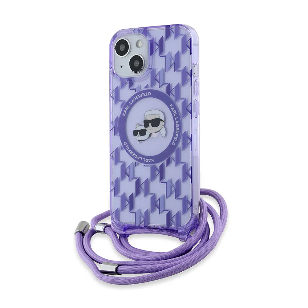 Custodia MagSafe per Apple iPhone 15, Karl Lagerfeld, IML Crossbody Monogramma Karl & Choupette's Heads, Viola — 2