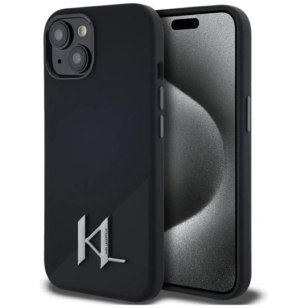 Custodia MagSafe per Apple iPhone 15, Karl Lagerfeld, Silicone Shadow Metal Initial, Nera — 2