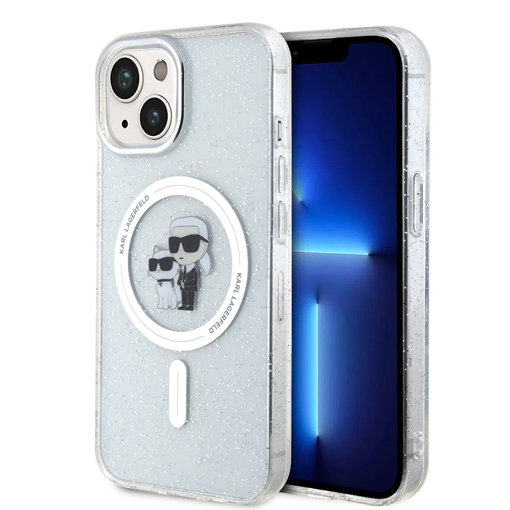 Custodia MagSafe per Apple iPhone 15, Karl Lagerfeld, Glitter Karl & Choupette, Trasparente — 2