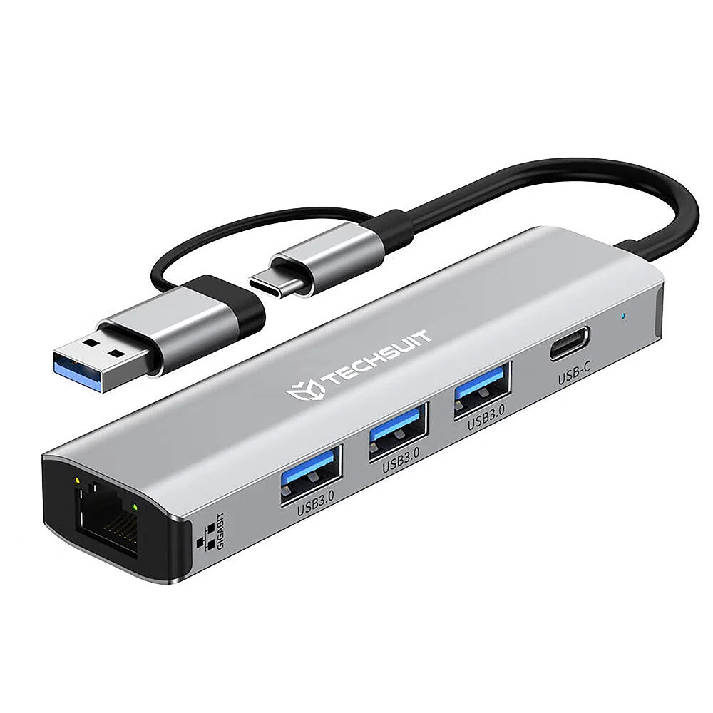 Hub USB / USB-C Techsuit H3 BoostNetLink, 5in1, Grigio — 2