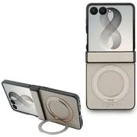 Custodia MagSafe per Samsung Galaxy Z Flip8 F776, Guess, Ring Stand Grained Classic Logo, Beige