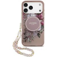 Custodia MagSafe per Apple iPhone 17 Pro Max, Guess, IML Flowers with Pearl Strap, Rosa — 3