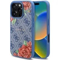 Custodia MagSafe per Apple iPhone 16 Pro, Guess, 4G Flowers Print, Blu — 3
