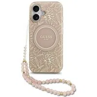 Custodia MagSafe per Apple iPhone 17, Guess, IML Flowers Allover Electroplated with Pearl Strap, Nera — 3